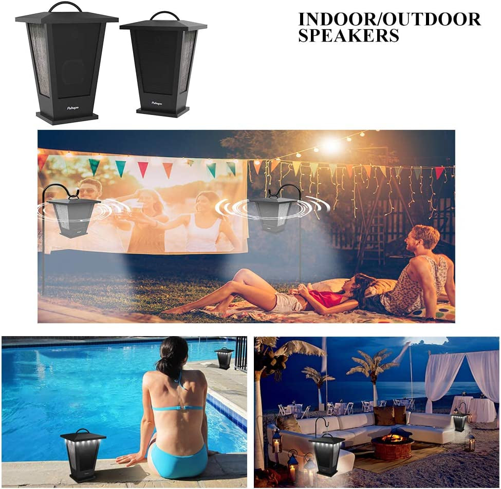 Bluetooth Speakers Waterproof, 2 Packs True Wireless Stereo Sound 20W Dual Pairing Lantern Indoor Outdoor Speakers with 20 Piece LED Lights, Rich Bass, Pinao Black