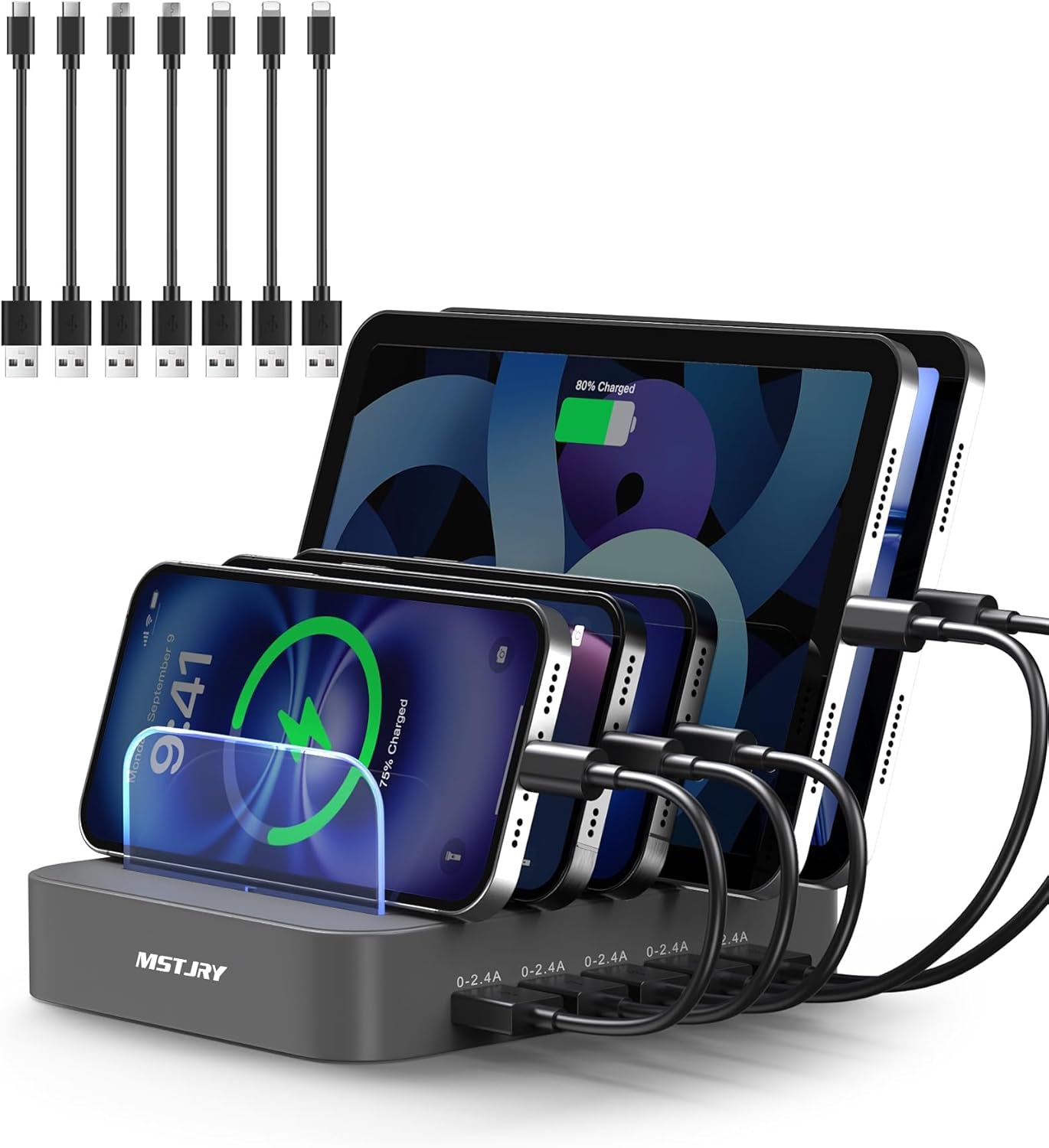 Charging Station for Multiple Devices : 5 Port Multi USB-A Charger Stations Multi-Device Organizer Charging Dock Designed for Iphone Ipad Cell Phone Tablets (7 Short Cables Included), Gray