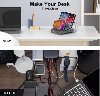 Charging Station for Multiple Devices : 5 Port Multi USB-A Charger Stations Multi-Device Organizer Charging Dock Designed for Iphone Ipad Cell Phone Tablets (7 Short Cables Included), Gray