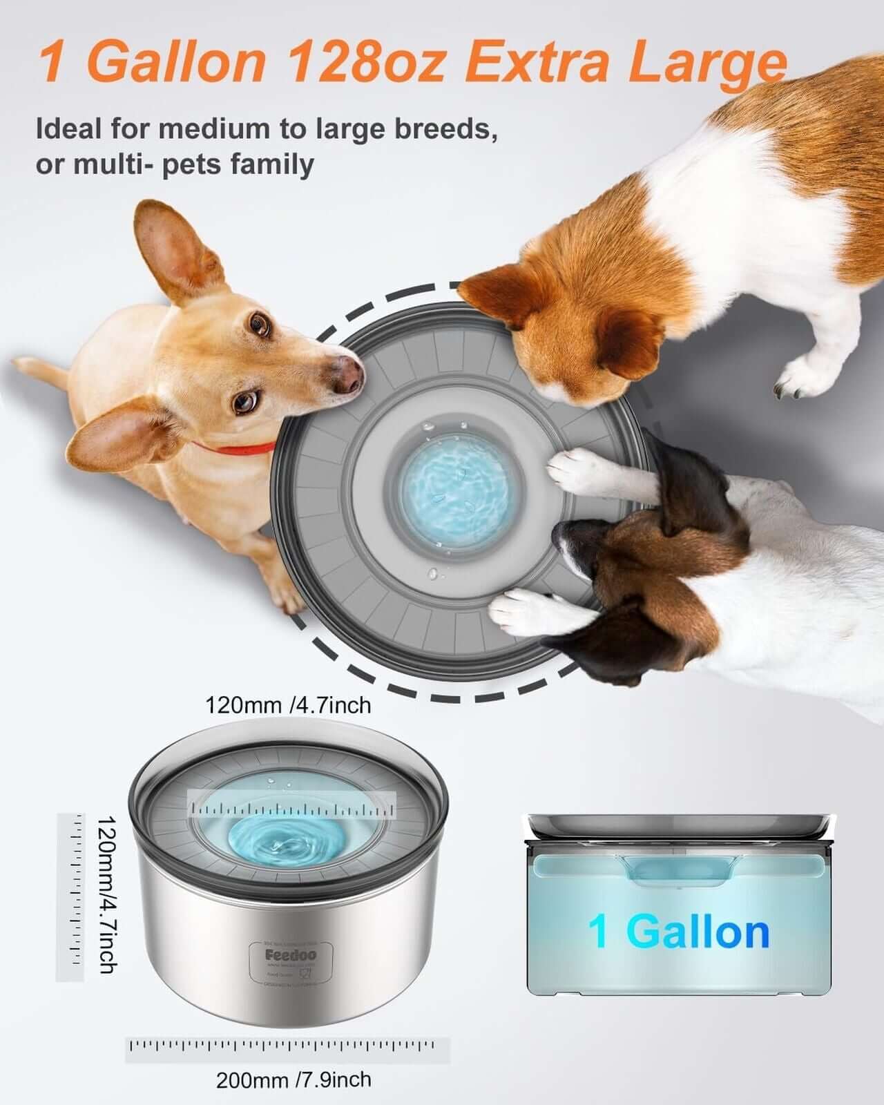 1Gallon Dog Water Bowl, 3.8L No Spill Water Bowl for Dogs, Stainless Steel Sp...