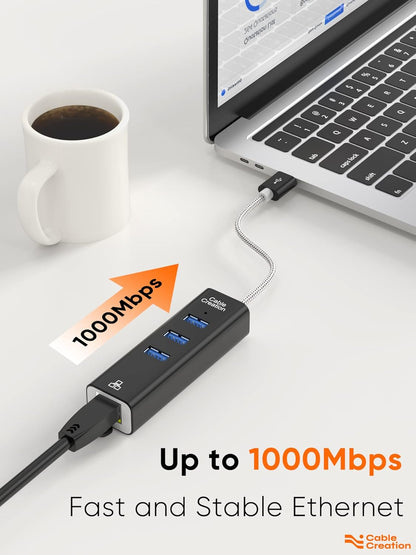USB to Ethernet Adapter,  3-Port USB 3.0 Hub, USB 3.0 Ethernet Adapter RJ45 10/100/1000 Mbps Gigabit Compatible with Windows PC, Laptop, Macbook Pro, USB Flash Drives Etc, Aluminum Black