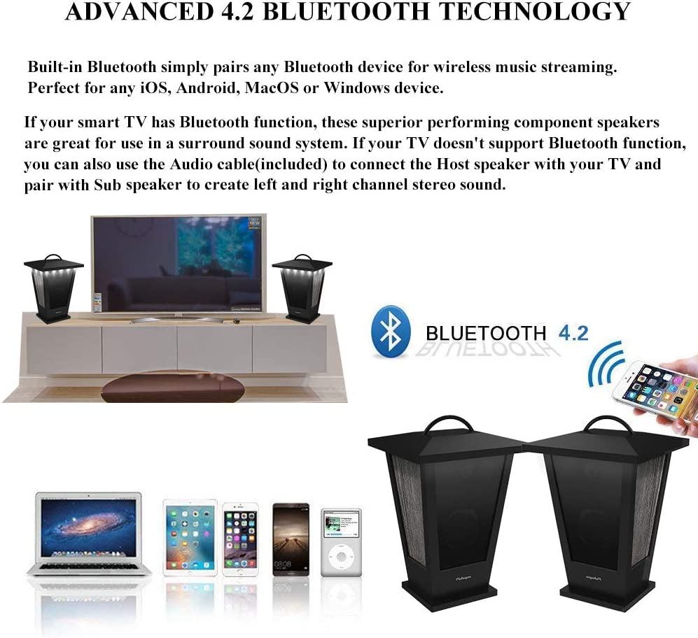 Bluetooth Speakers Waterproof, 2 Packs True Wireless Stereo Sound 20W Dual Pairing Lantern Indoor Outdoor Speakers with 20 Piece LED Lights, Rich Bass, Pinao Black